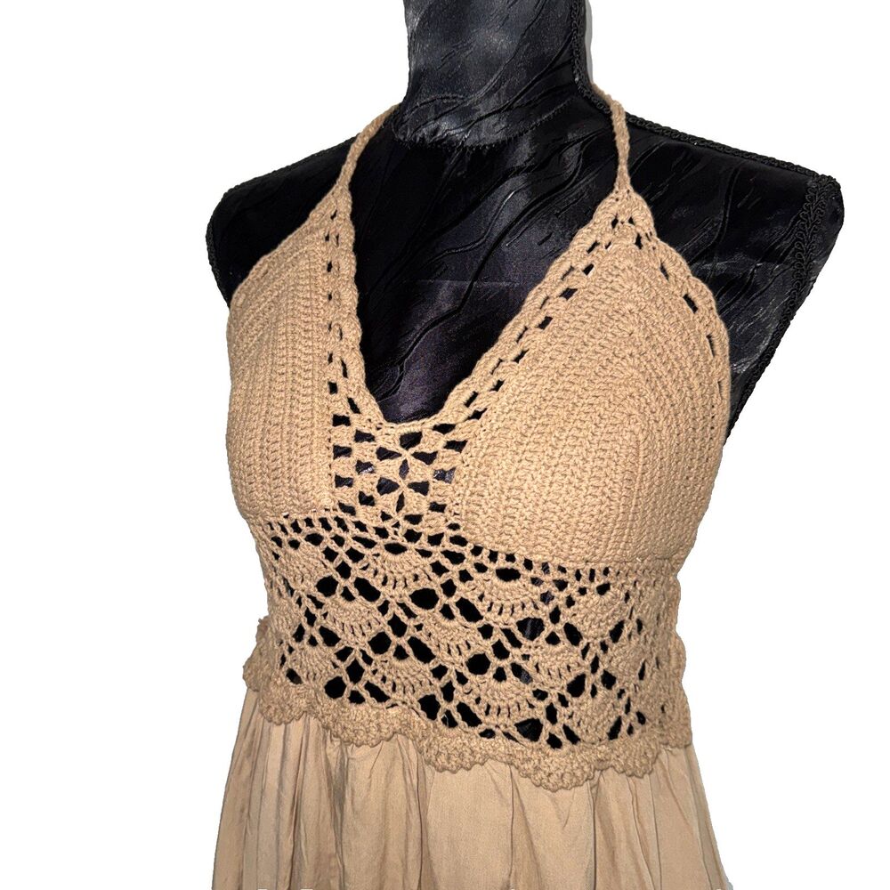 NEW Women's Crochet Halter Maxi Dress Tan Boho Festival Beach Size XL Lined* Med